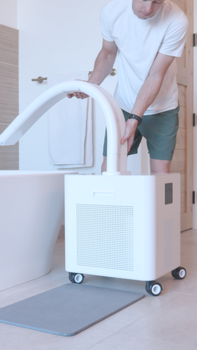 HomePlunge H3 Cold Plunge Chiller | HomePlunge displayed next to a modern white bathtub with award badges for TIME Best Inventions 2025 and CES Innovation Awards 2025.