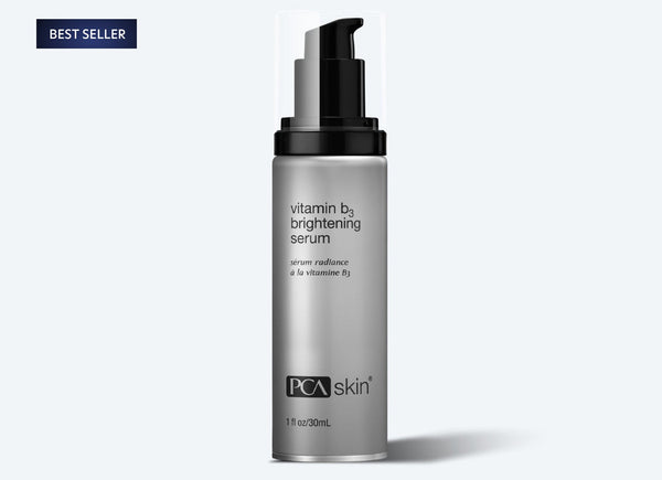 Bottle of Vitamin B3 Brightening Serum | PCA Skin with pump dispenser on a light background, highlighting skincare product for radiant skin.