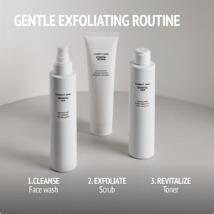 Three white skincare bottles labeled with gentle exfoliating routine steps, featuring Essential Scrub | [ comfort zone ] as the exfoliate step in a minimalist setting.
