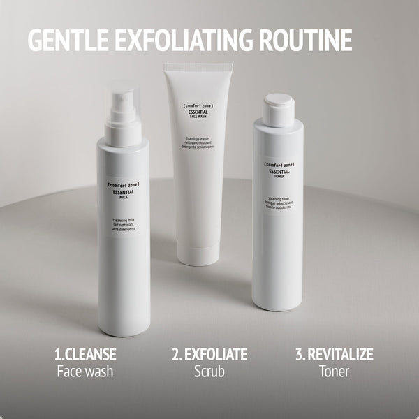 Three white skincare bottles labeled with gentle exfoliating routine steps, featuring Essential Scrub | [ comfort zone ] as the exfoliate step in a minimalist setting.
