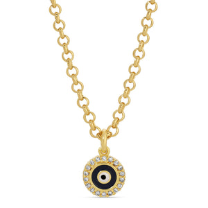 Black and Diamond Evil Eye Necklace | Meghan Bo featuring a gold chain and a circular pendant with black enamel center surrounded by sparkling diamond accents.
