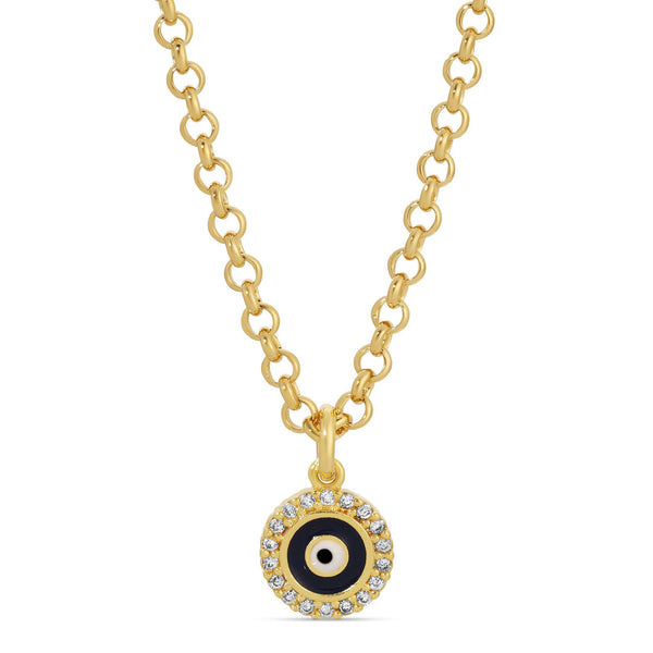 Black and Diamond Evil Eye Necklace | Meghan Bo featuring a gold chain and a circular pendant with black enamel center surrounded by sparkling diamond accents.
