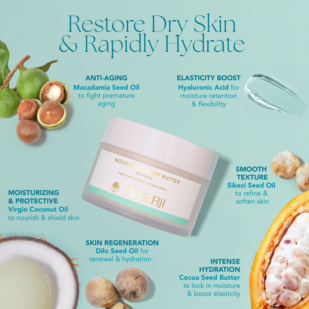 Open jar of Nourishing Body Butter | Pure Fiji with creamy white texture, placed on a white surface with a white flower and spa and wellness product award badges in the background.