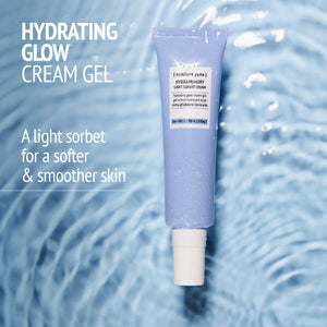 Hydrating glow cream gel in pastel purple tube on reflective water surface, promoting softer and smoother skin with Exotic Garden Kit | [ comfort zone ] branding.
