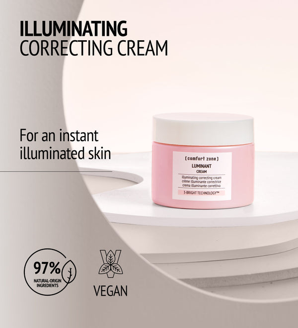 Luminant Cream | [ comfort zone ] in a pink jar with white lid, shown on a white surface, promoting illuminating correcting skincare for instant radiant skin with 97% natural-origin ingredients and vegan formula.