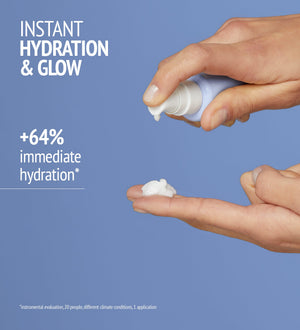 Hand dispensing a small amount of Hydramemory Light Sorbet Cream | [ comfort zone ] skincare product onto fingertips, highlighting instant hydration and glow benefits with 64% immediate hydration claim.