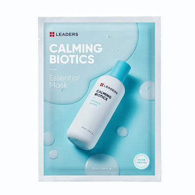 Calming Biotics Essential Mask | Leaders skincare product packaging with soothing blue bottle on a light blue background, promoting calming and restorative body care.