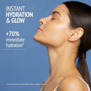 Profile of a woman with clear glowing skin and closed eyes against a blue background, promoting instant hydration and glow with Kit Night Garden | [ comfort zone ] skincare product.