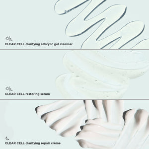 Texture swatches of CLEAR SKIN SOLUTIONS Blemish Defense Trio | IMAGE Skincare showing clarifying salicylic gel cleanser, restoring serum, and clarifying repair crème, each with smooth gel or cream consistency.