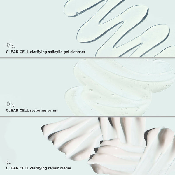 Texture swatches of CLEAR SKIN SOLUTIONS Blemish Defense Trio | IMAGE Skincare showing clarifying salicylic gel cleanser, restoring serum, and clarifying repair crème, each with smooth gel or cream consistency.