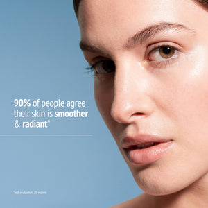 Close-up of a woman with smooth, radiant skin next to text highlighting that 90% of people agree their skin is smoother and radiant after using Sublime Skin Micropeel Lotion | [ comfort zone ] in this skincare advertisement.