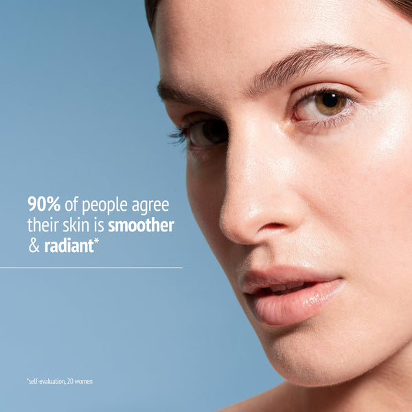 Close-up of a woman with smooth, radiant skin next to text highlighting that 90% of people agree their skin is smoother and radiant after using Sublime Skin Micropeel Lotion | [ comfort zone ] in this skincare advertisement.