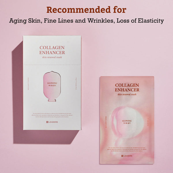 Leaders Skin Renewal Mask Collagen Enhancer | Leaders packaging and mask on pink background, promoting skincare for aging skin, fine lines, wrinkles, and loss of elasticity.