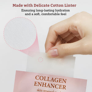 Hand holding a delicate cotton linter sheet above packaging labeled Collagen Enhancer, promoting long-lasting hydration and a soft, comfortable feel with Leaders Skin Renewal Mask Collagen Enhancer | Leaders.