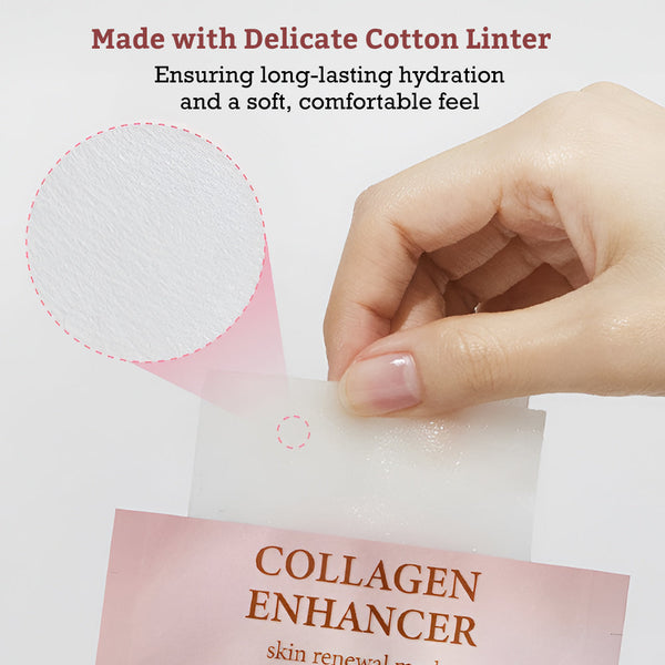 Hand holding a delicate cotton linter sheet above packaging labeled Collagen Enhancer, promoting long-lasting hydration and a soft, comfortable feel with Leaders Skin Renewal Mask Collagen Enhancer | Leaders.