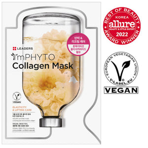 ImPHYTO Collagen | Leaders mask packaging featuring collagen flower extract in a clear vial design, with vegan certification and Allure Best of Beauty Award 2022 badge visible.