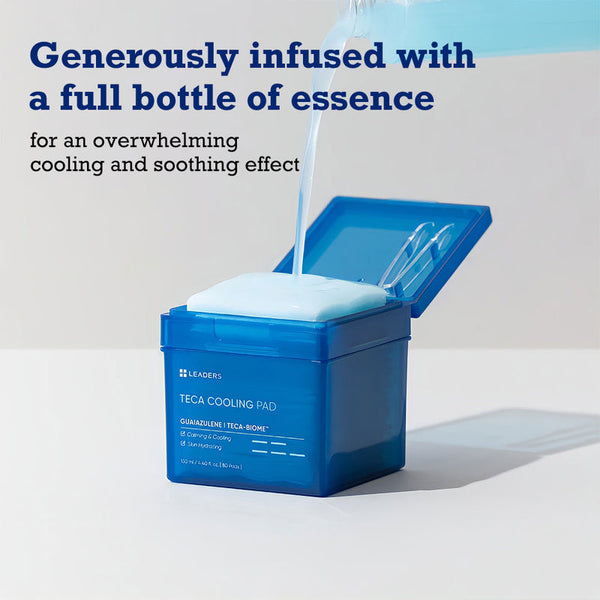 Blue container labeled Teca Cooling Pad | Leaders with foam overflowing as liquid is poured in, highlighting a cooling and soothing skincare product infused with essence.