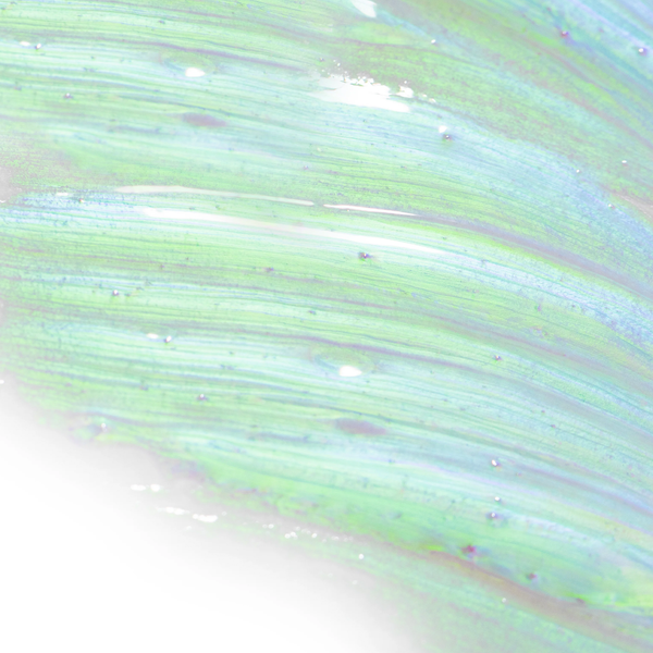 Close-up of an iridescent, lightweight gel texture with green and blue hues, representing the soothing hydration of Crystal Dew Drops For Eyes & Lips | Skin Fitness Therapy skincare product.