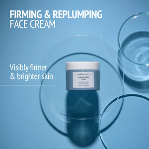 Jar of firming and replumping face cream on a blue surface with clear glass dishes and water, promoting visibly firmer and brighter skin from Kit Italian Garden | [ comfort zone ]