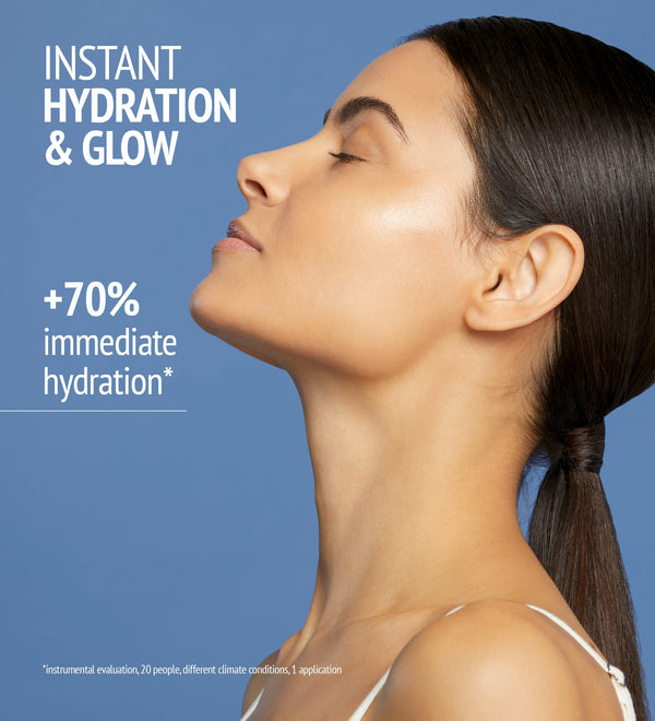Profile of a woman with glowing skin and hair tied back against a blue background, promoting Hydramemory Rich Sorbet Cream | [ comfort zone ] for instant hydration and glow with 70% immediate hydration benefit.