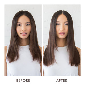 Before and after comparison of a woman with straight hair showing smoother, shinier, and more polished hair after using All in One Leave-In Conditioner - Travel | Moroccanoil.