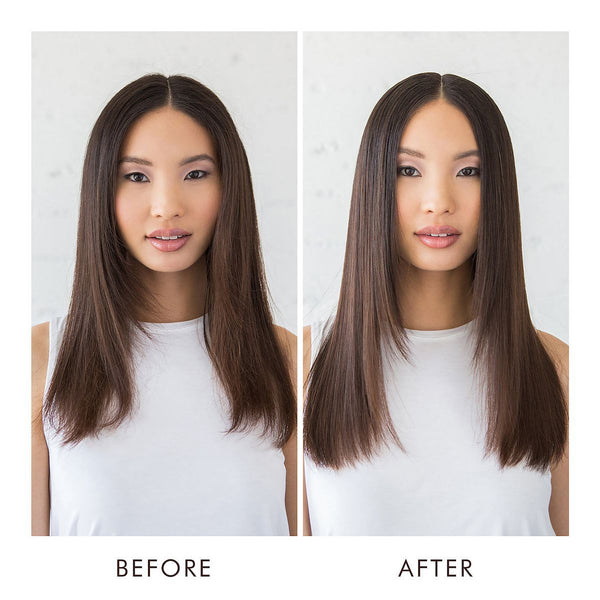 Before and after comparison of a woman with straight hair showing smoother, shinier, and more polished hair after using All in One Leave-In Conditioner - Travel | Moroccanoil.