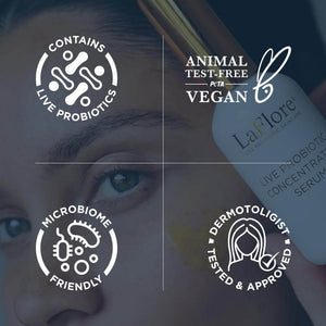 Close-up of a person holding a skincare serum bottle with overlay icons highlighting that the Discovery Kit | LaFlore contains live probiotics, is animal test-free and vegan, microbiome friendly, and dermatologist tested and approved.