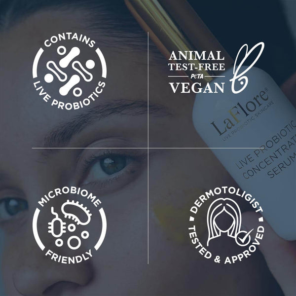 Close-up of a person holding a skincare serum bottle with overlay icons highlighting that the Discovery Kit | LaFlore contains live probiotics, is animal test-free and vegan, microbiome friendly, and dermatologist tested and approved.