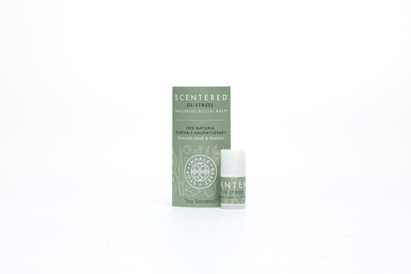 De-Stress Mini Aromatherapy Balm | Scentered in green packaging, a natural portable wellness supplement for skincare and aromatherapy relaxation.
