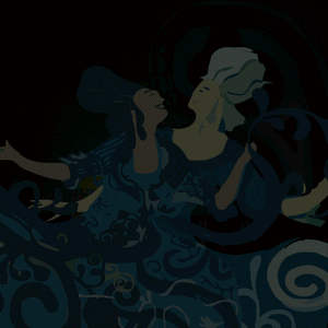 Animated artistic illustration of two elegant women dancing with flowing dresses and swirling patterns in blue tones, representing the Kit French Garden | [ comfort zone ].