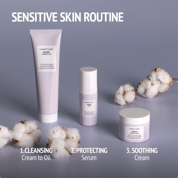 Remedy Cream to Oil | [ comfort zone ] tube displayed alongside serum and cream jars with cotton flowers, promoting a sensitive skin routine in gentle skincare products.