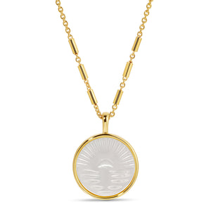 Etched Dawn | Meghan Bo gold necklace featuring a round pendant with a sunrise design, combining elegant metalwork and textured detailing for a timeless look.