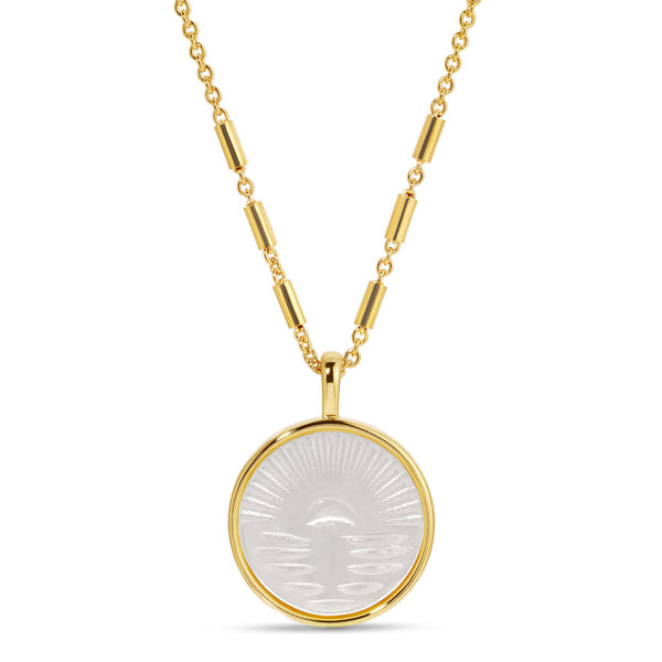Etched Dawn | Meghan Bo gold necklace featuring a round pendant with a sunrise design, combining elegant metalwork and textured detailing for a timeless look.
