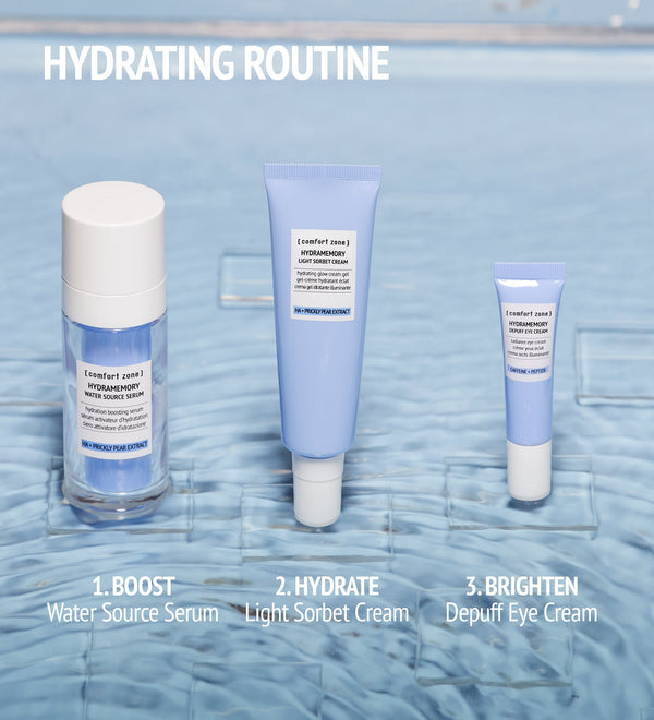 Hydramemory Light Sorbet Cream | [ comfort zone ] displayed in a skincare hydrating routine with Water Source Serum and Depuff Eye Cream on a blue water-textured background.