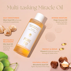 Bottle of Nourishing Exotic Coconut Oil | Pure Fiji surrounded by natural ingredients like macadamia nuts and seeds, with text highlighting its skincare benefits including intense moisture and skin repair.