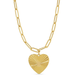 Gold chain necklace featuring a textured heart pendant with a radiant design, styled as the Full Heart Necklace | Meghan Bo.