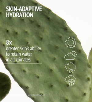 Close-up of a green cactus pad with text highlighting skin-adaptive hydration and 8 times greater skin water retention in all climates, promoting Hydramemory Light Sorbet Cream | [ comfort zone ] skincare benefits.