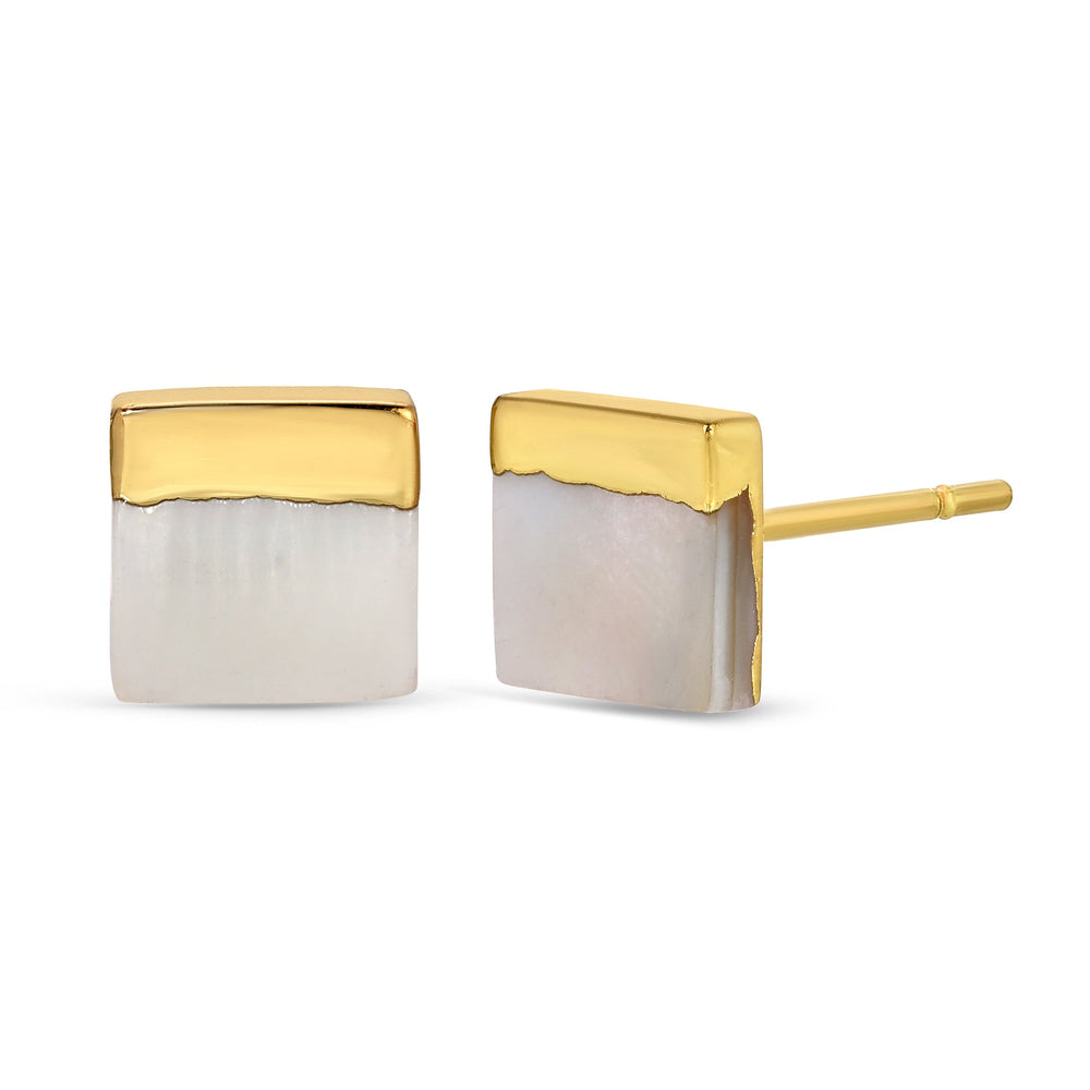 Close-up of elegant square-shaped stud earrings with gold dipped detailing over a soft pearl base, showcasing the Gold Dipped Pearl Studs | Meghan Bo Designs.