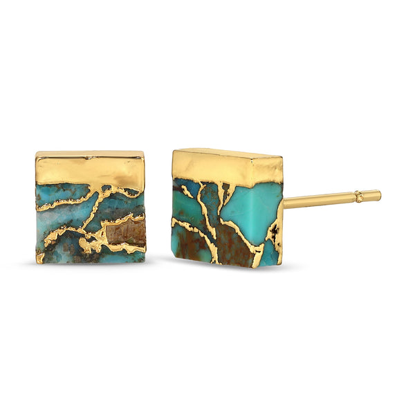 Gold Dipped Turquoise Studs | Meghan Bo featuring square turquoise stones with natural veins dipped in gold, showcasing a sleek modern design for elegant wear.