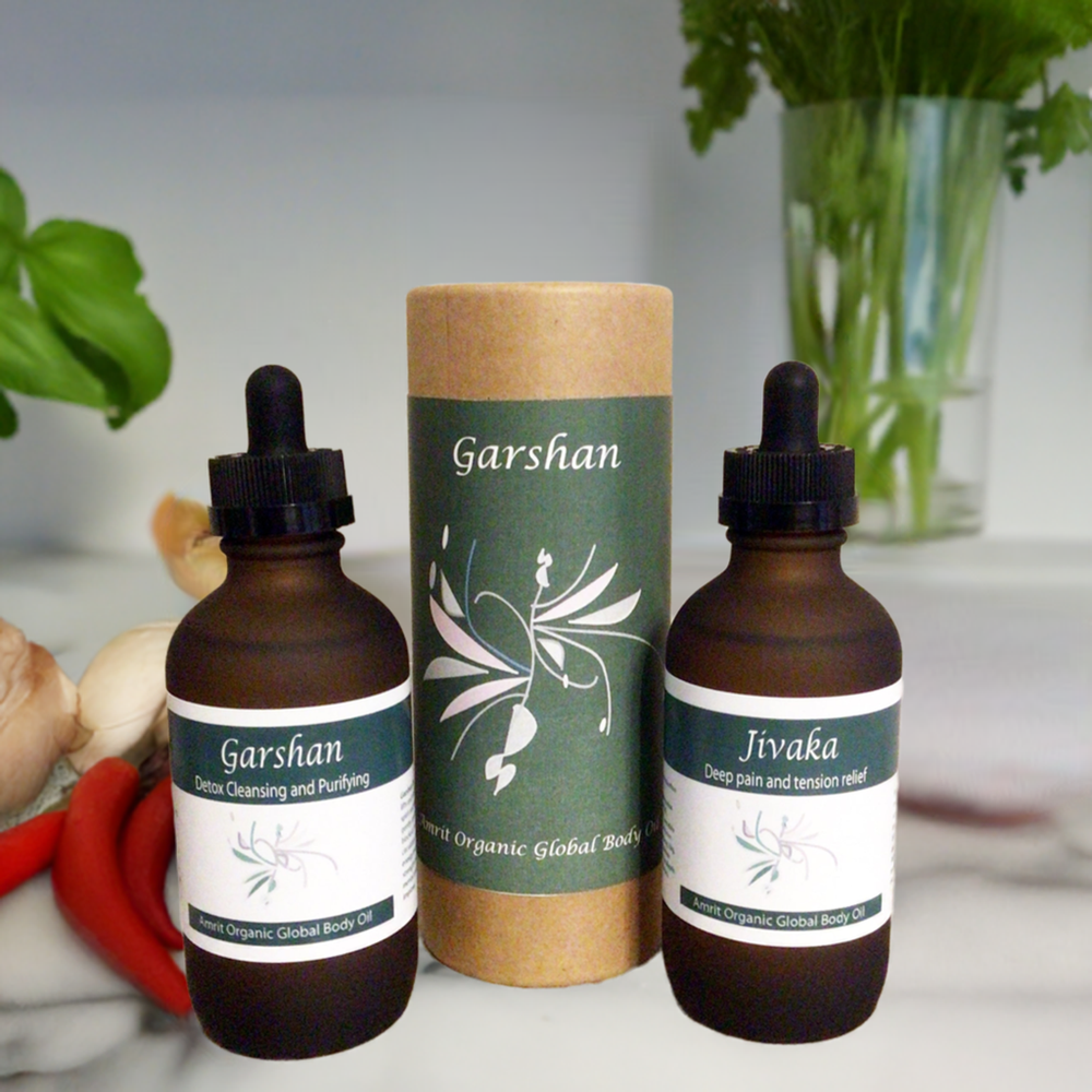 Garshan Body Oil | Red Cherry Group in a dark glass dropper bottle with green and white label alongside its cylindrical eco-friendly packaging, promoting skincare and body care.