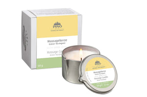 Massage Candle | Pino Spa Therapy with green tea and ginger scent in a silver tin, next to its white and yellow branded packaging for skincare and wellness use.