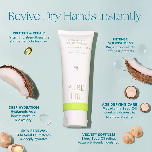 Tube of Hydrating Hand Crème | Pure Fiji surrounded by coconut pieces and nuts, highlighting ingredients like virgin coconut oil, vitamin E, hyaluronic acid, macadamia seed oil, dilo seed oil, and sikeci seed oil for skincare and hydration.