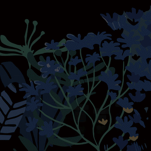 Abstract dark blue and green floral pattern with subtle yellow accents, designed for the Kit Night Garden | [ comfort zone ] skincare and wellness collection.