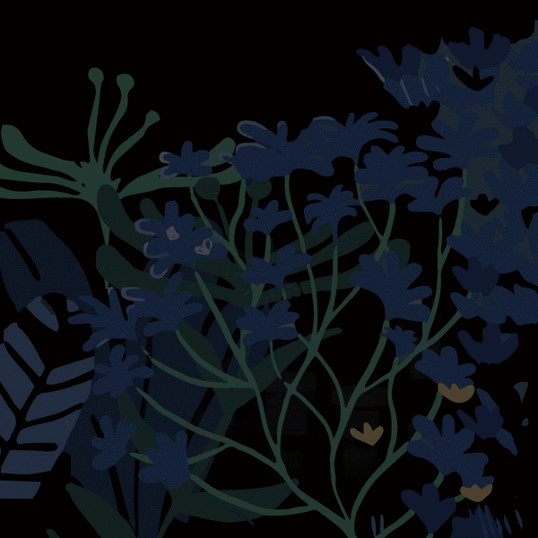 Abstract dark blue and green floral pattern with subtle yellow accents, designed for the Kit Night Garden | [ comfort zone ] skincare and wellness collection.