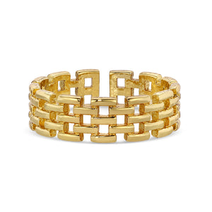 Honeycomb Ring | Meghan Bo featuring a gold-tone openwork design with interlocking hexagonal links, creating a modern and elegant geometric pattern.
