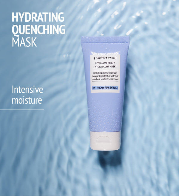 Hydramemory Hydra Plump Mask | [ comfort zone ] tube in light purple with white cap on a water ripples background, emphasizing hydrating quenching mask and intensive moisture for skincare.