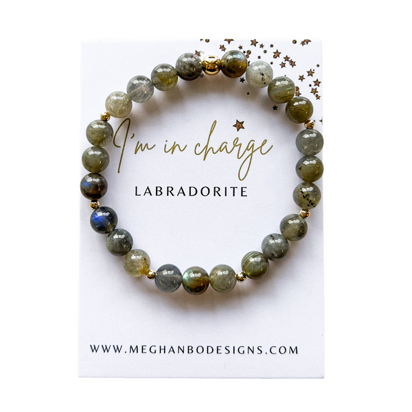 Creativity Intention Bracelet | Meghan Bo with labradorite beads and gold accents displayed on a card reading "I'm in charge," promoting empowerment and wellness.