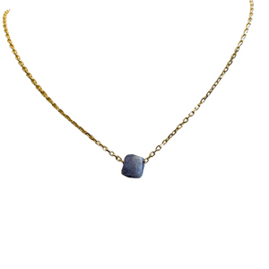 Minimalist gold chain necklace featuring a small raw blue birthstone pendant, elegantly designed for everyday wear, Birthstone Necklace | Meghan Bo.