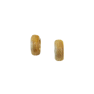 Pair of small gold hoop earrings featuring a dotted texture, designed as Gold Dotted Huggies 14mm | Meghan Bo for a stylish and elegant look.