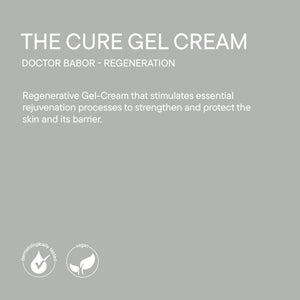 Text description of The Cure Gel Cream | Babor highlighting its regenerative gel-cream formula designed to stimulate skin rejuvenation and strengthen the skin barrier, with dermatologically tested and vegan icons.